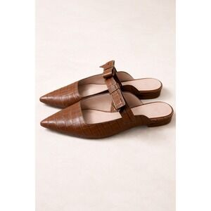 A&D & Daughters Brown Croc Embossed Leather Bow Pointed Toe Mules Flats Size 9